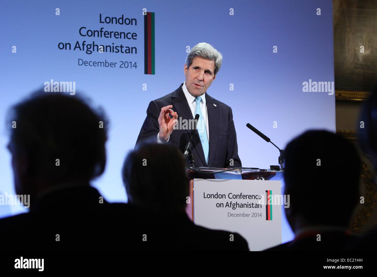 US Secretary of State John Kerry during a press conference following the London Conference on Afghanistan December 4, 2014 in London. Stock Photo