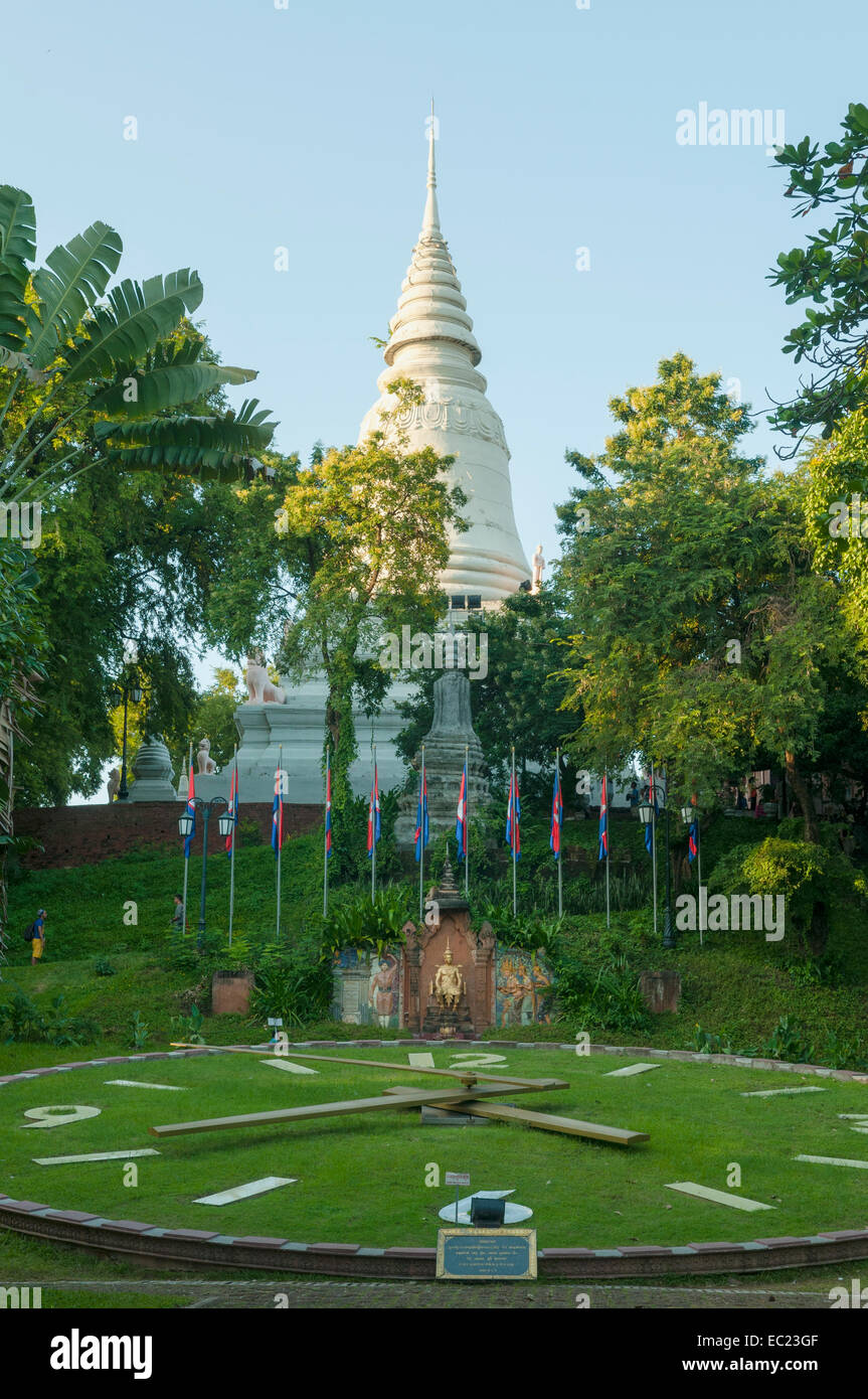 Stupa and Garden Clock at Wat Phnom, Phnom Penh, Cambodia Stock Photo