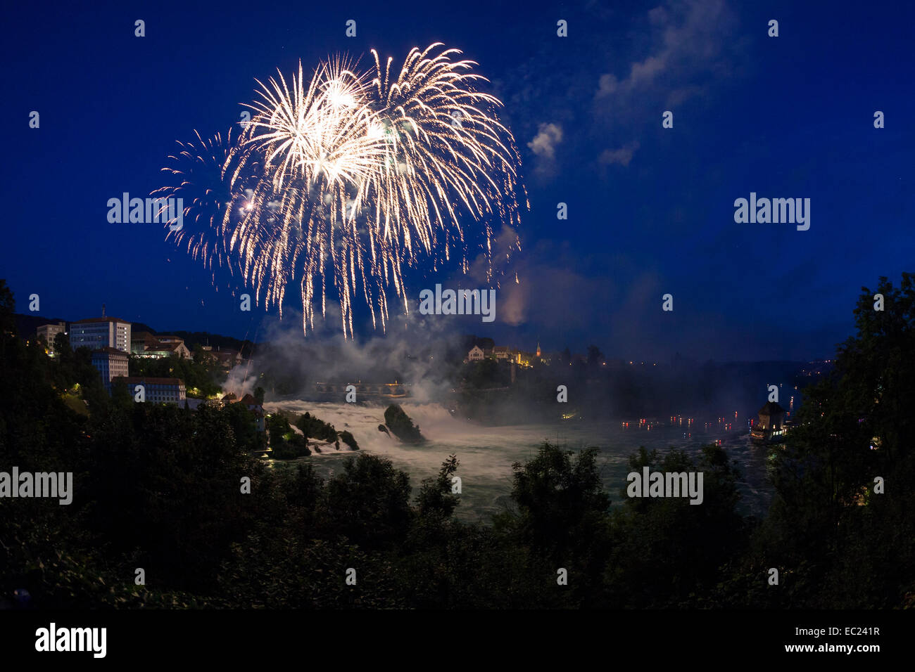 Fireworks, National Holiday on 1 August 2014, Rhine Falls, Canton of Schaffhausen, Switzerland Stock Photo