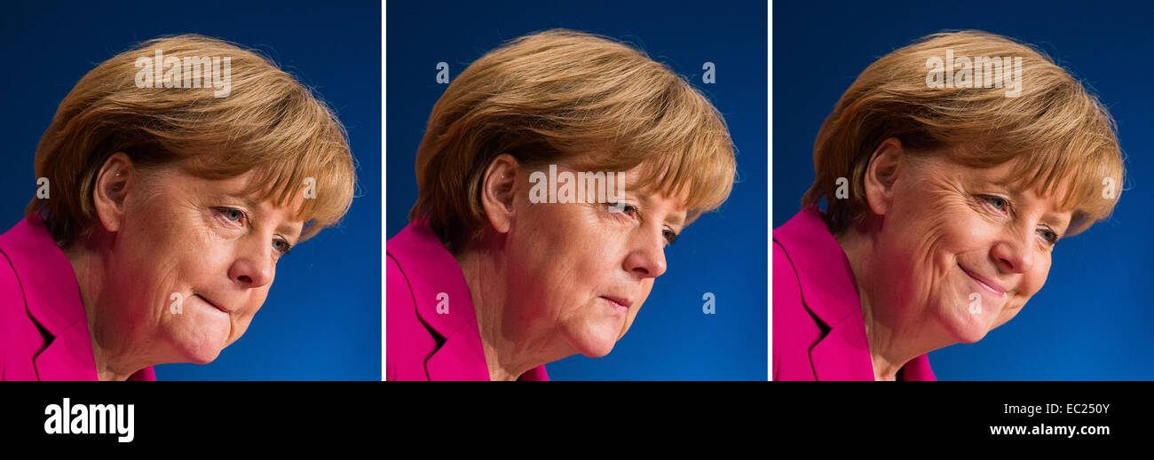 Cologne, Germany. 08th Dec, 2014. COMBO - Chancellor Angela Merkel inspects the hall before the CDU federal party convention in Cologne, Germany, 08 December 2014. (Picture combo) The party convention takes place on Tuesday and Wednesday. Photo: ROLF VENNENBERND/dpa/Alamy Live News Stock Photo