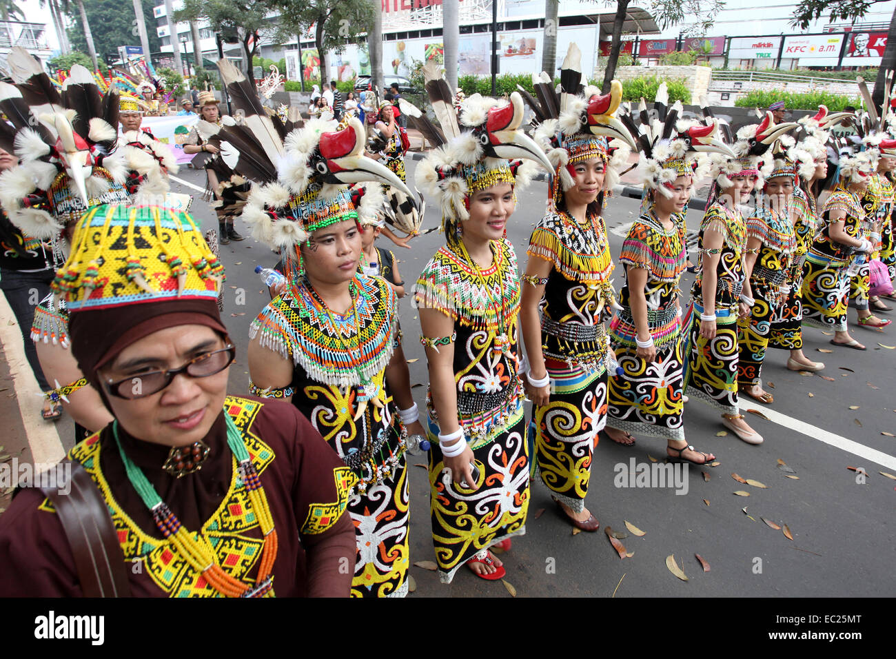 Dayak dancers participate during  the Dayak festival in Jakarta. Stock Photo