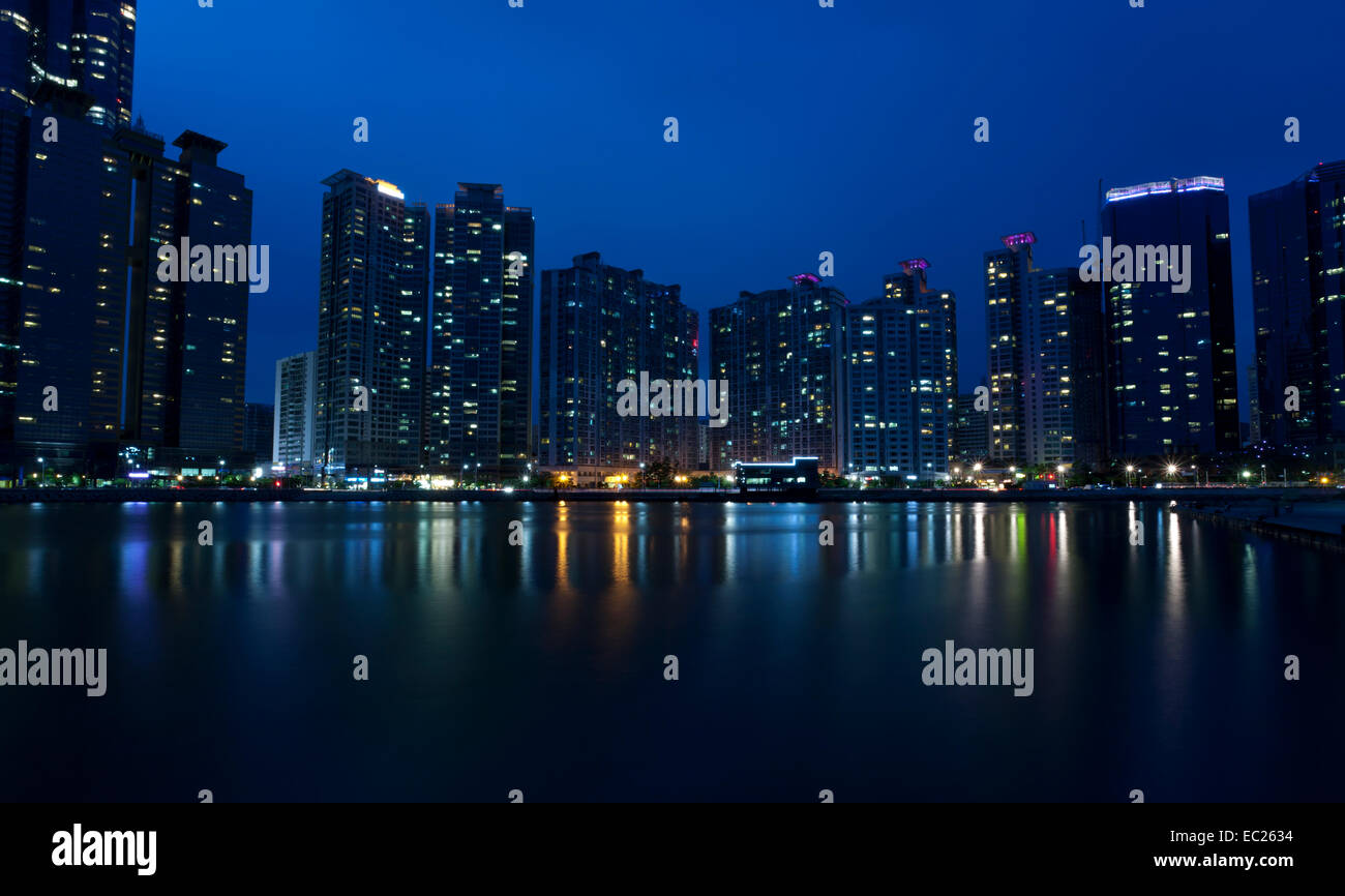 Night view of modern buildings, Haeundae in Busan, South Korea. Stock Photo