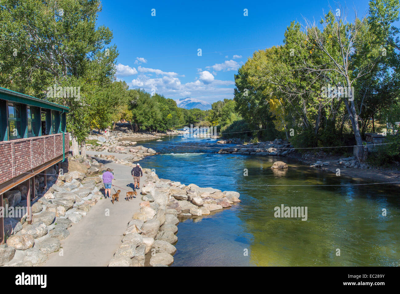 Arkansas River in downtown area of historic old city of Salida in the Rocky Mountains in central Colorado Stock Photo