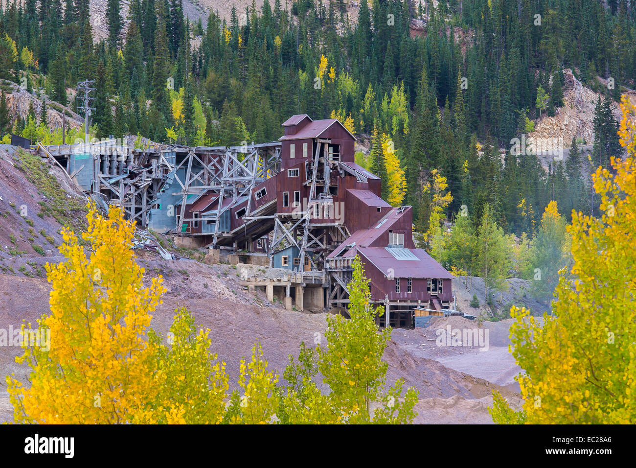 Abandoned mine buildings along Route 50 in the Rocky Mountains of Colorado Stock Photo