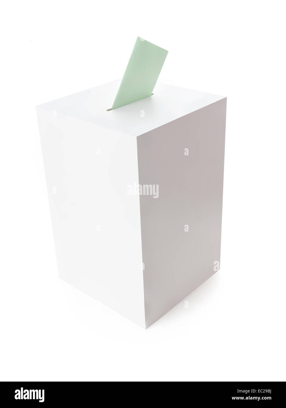 White ballot box with green voting card on white background Stock Photo