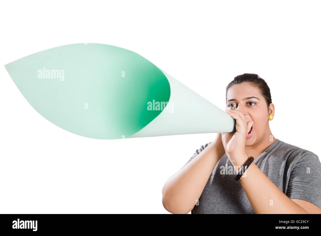 indian Obese  Lady Bullhorn Shouting Stock Photo