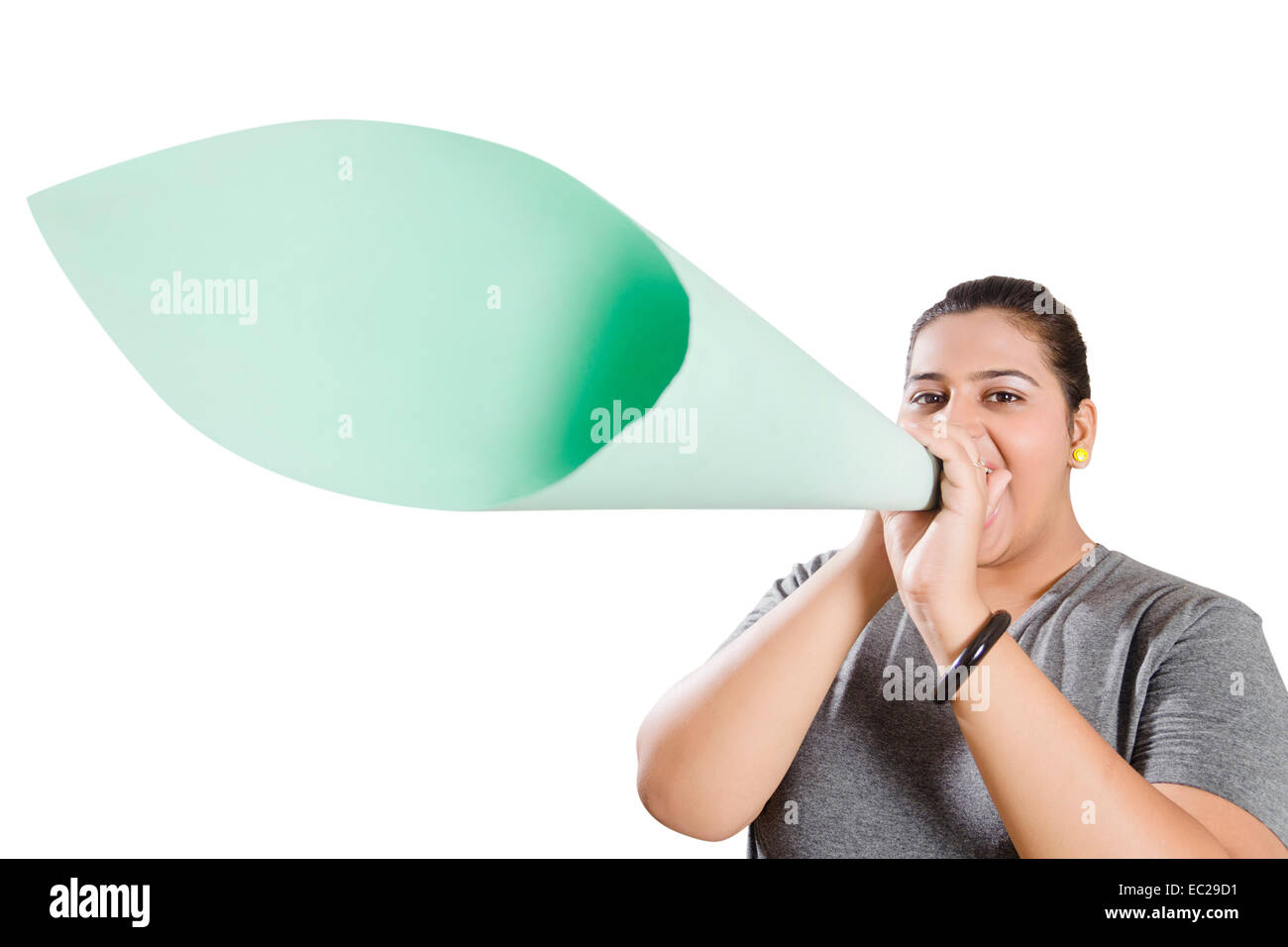 indian Obese  Lady Bullhorn Shouting Stock Photo