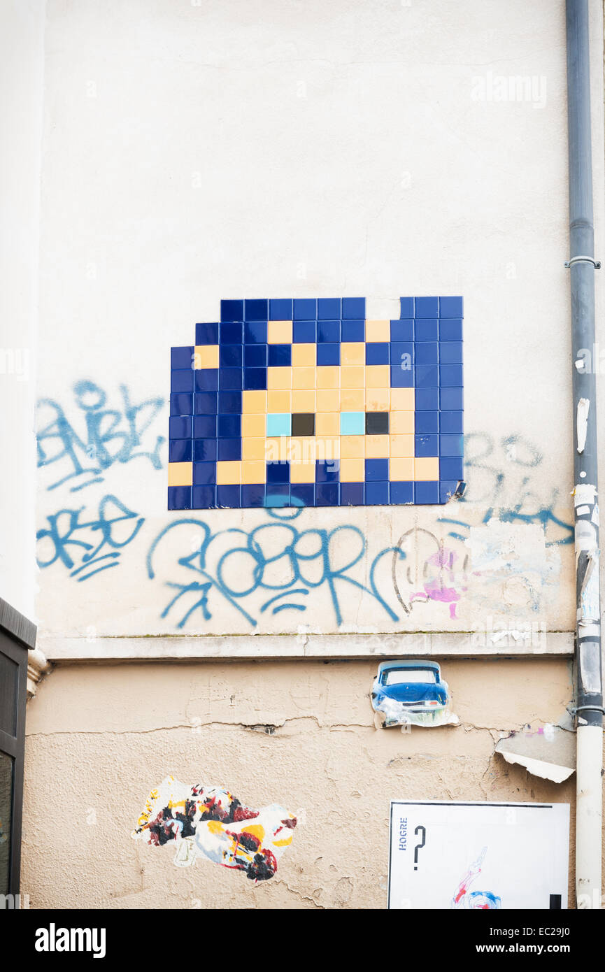 Paris space invader street art (- the work of an artist known as 'Space Invader' or Invader) Stock Photo