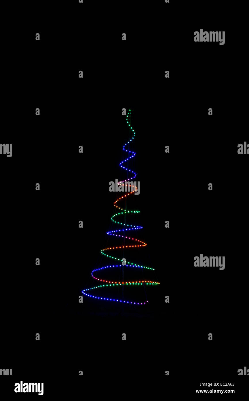 Colourful Contemporary Christmas tree LED lights on a black background
