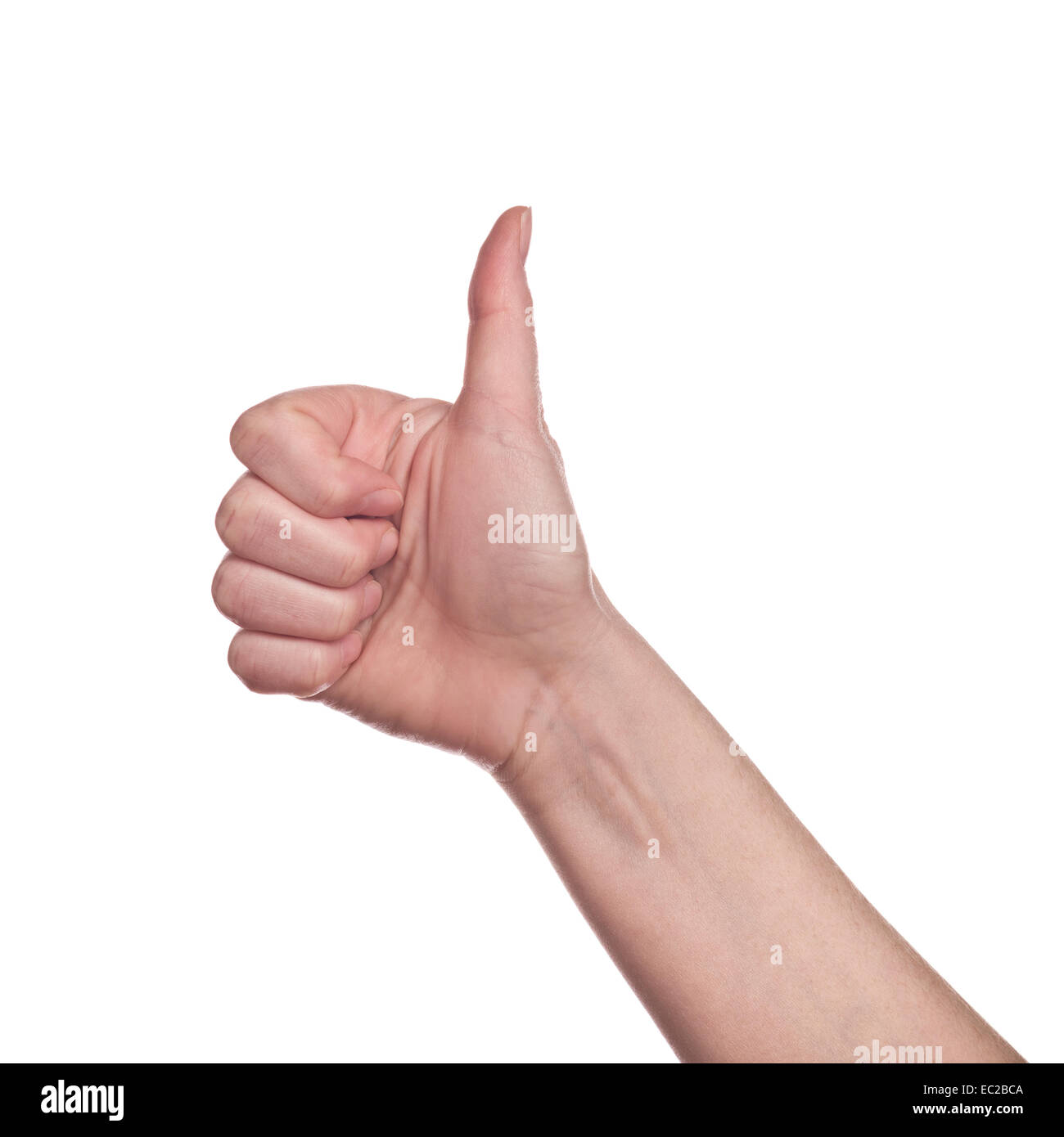 Caucasian white female hand making Thumb up sign isolated on white background. Like, approval or endorsement concept. Stock Photo