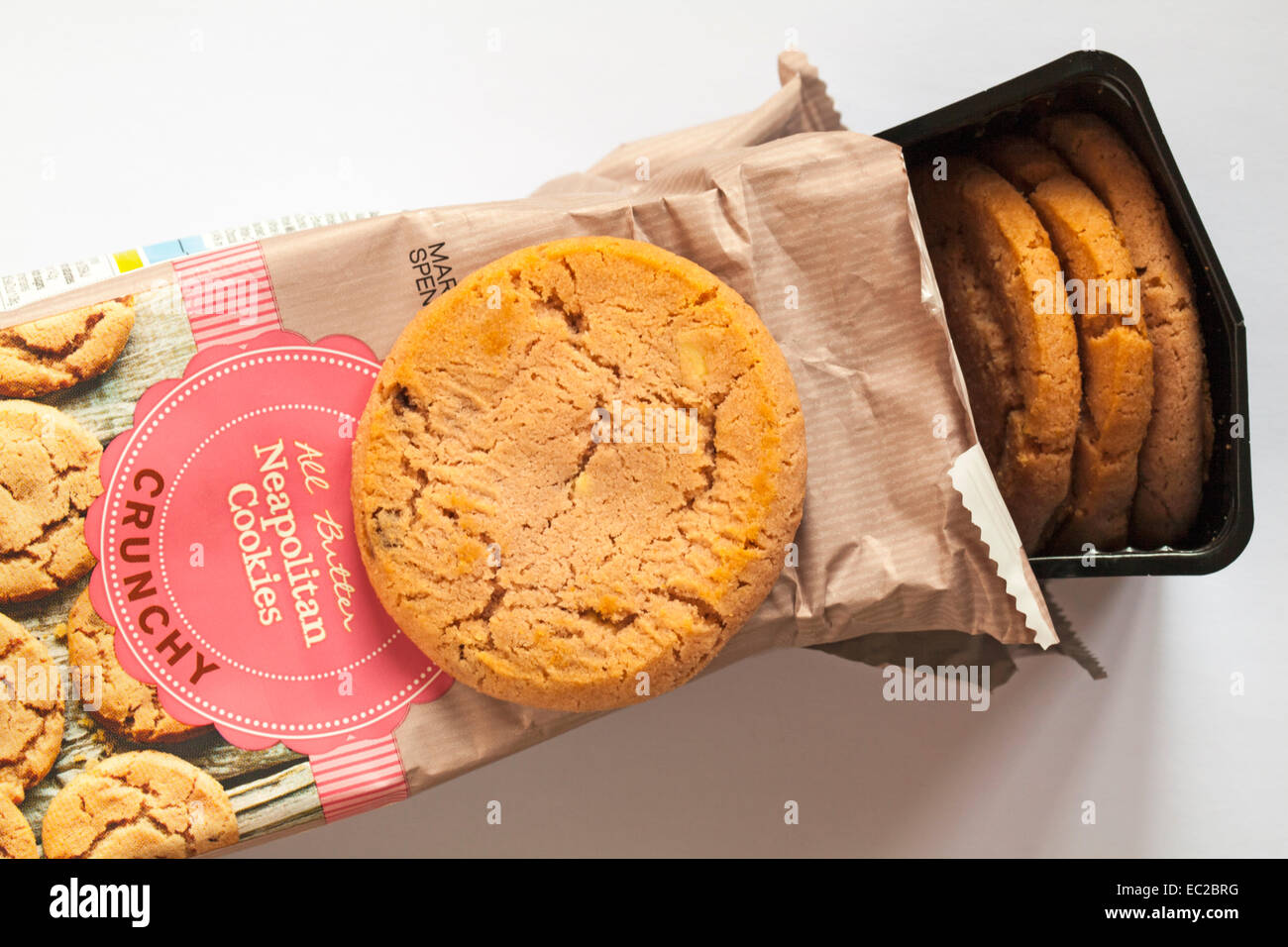 Packet of opened Marks & Spencer All Butter crunchy Neapolitan Cookies