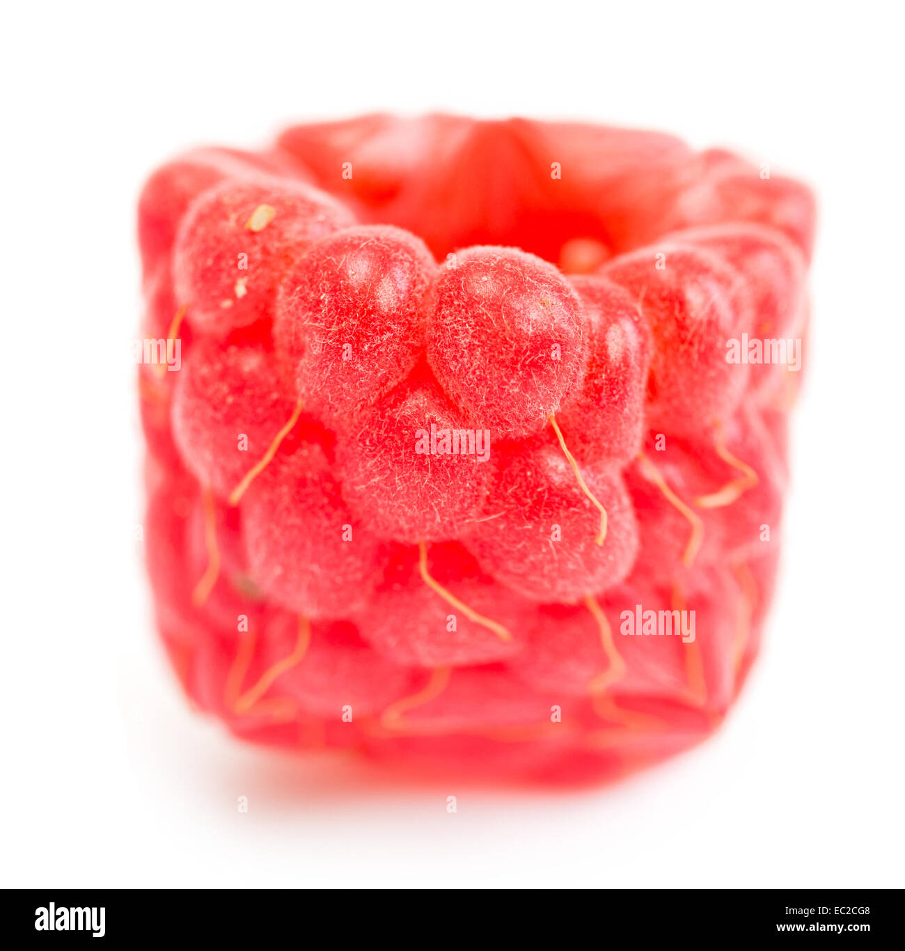 Square (cube) raspberry on a white background representing modified fruit Stock