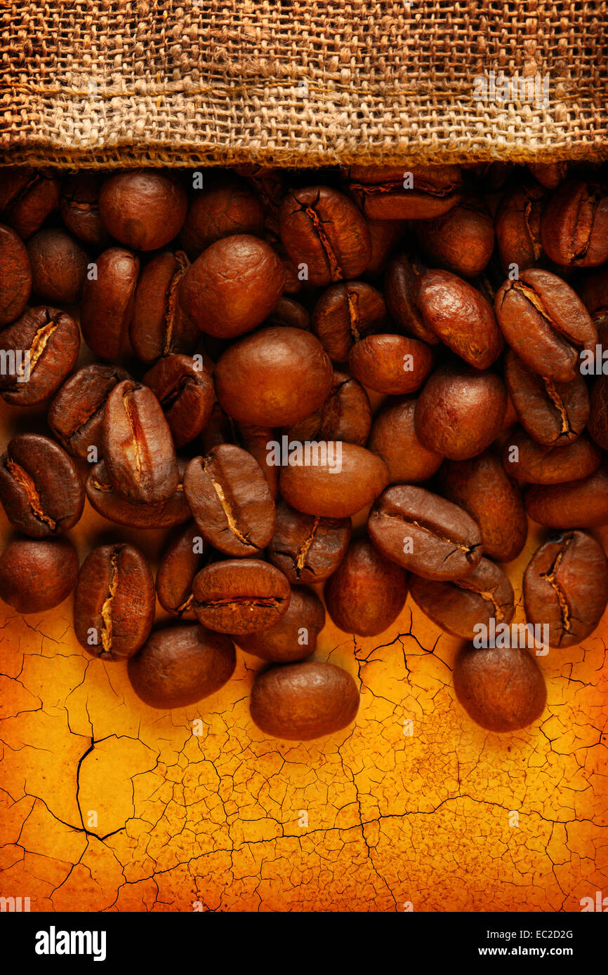 Brown coffee beans with sack Stock Photo