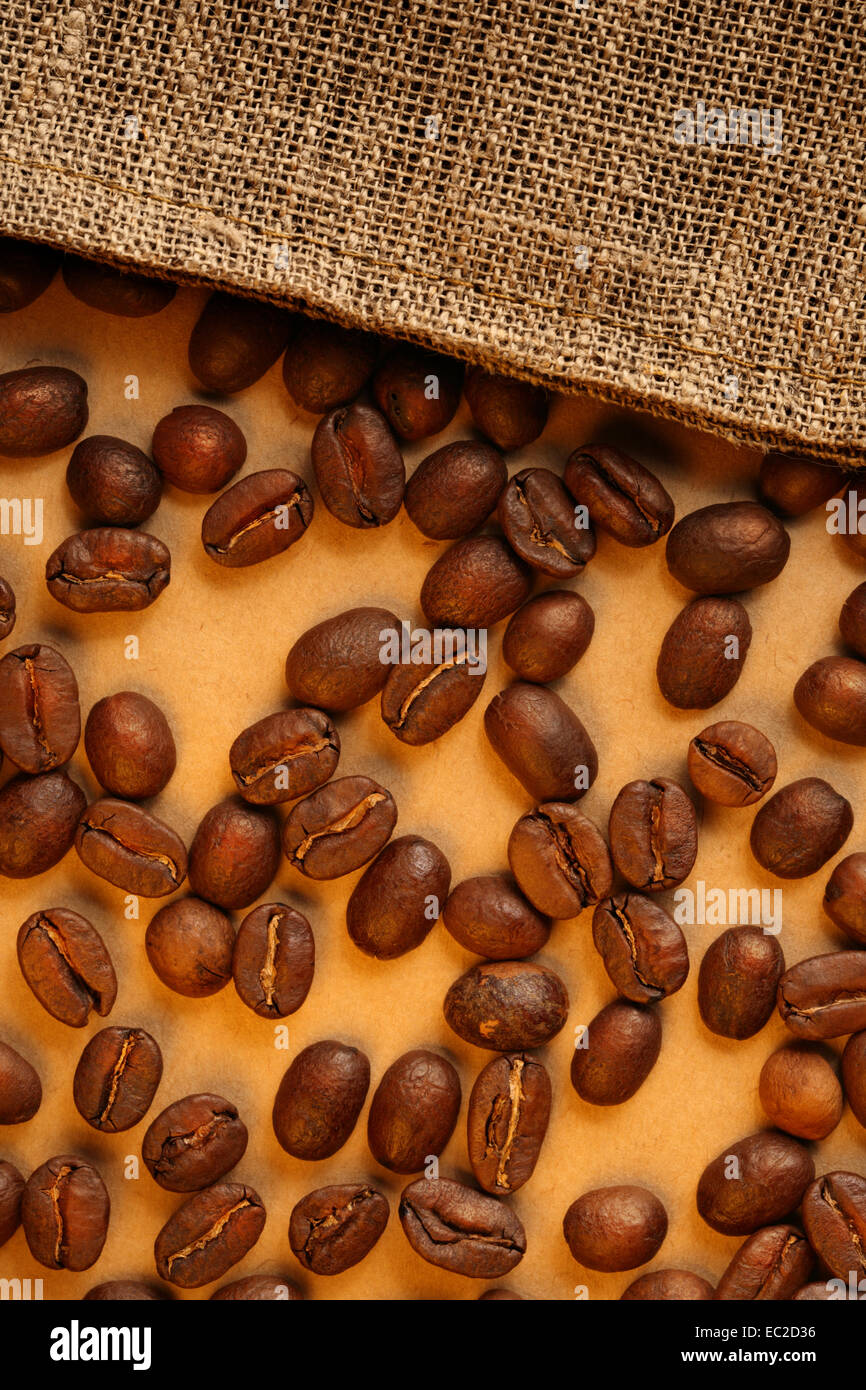 Brown coffee beans with sack Stock Photo