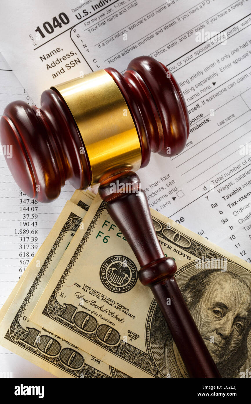 Annual budget, tax form, gavel and dollars Stock Photo Alamy