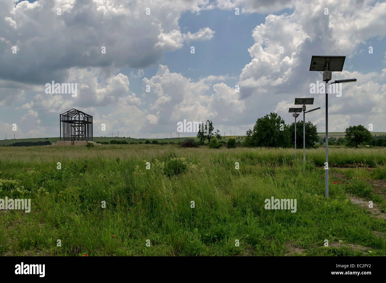 Autonomous solar lighting system in ancient Roman town peristyle complex Abritus, Bulgaria Stock Photo