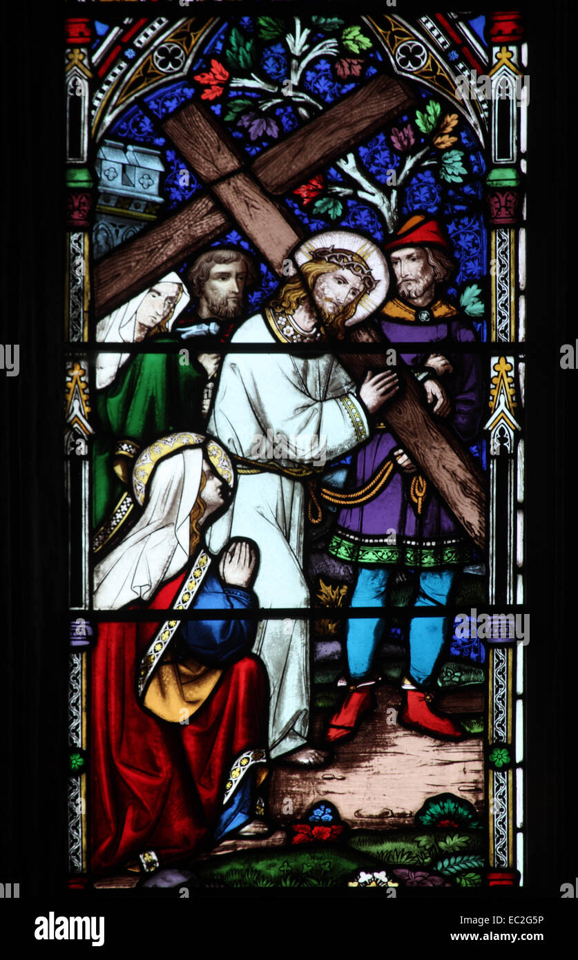 A stained glass window by William Wailes depicting The Way of the Cross, St Bartholomew Church, Richard's Castle, Herefordshire, Stock Photo