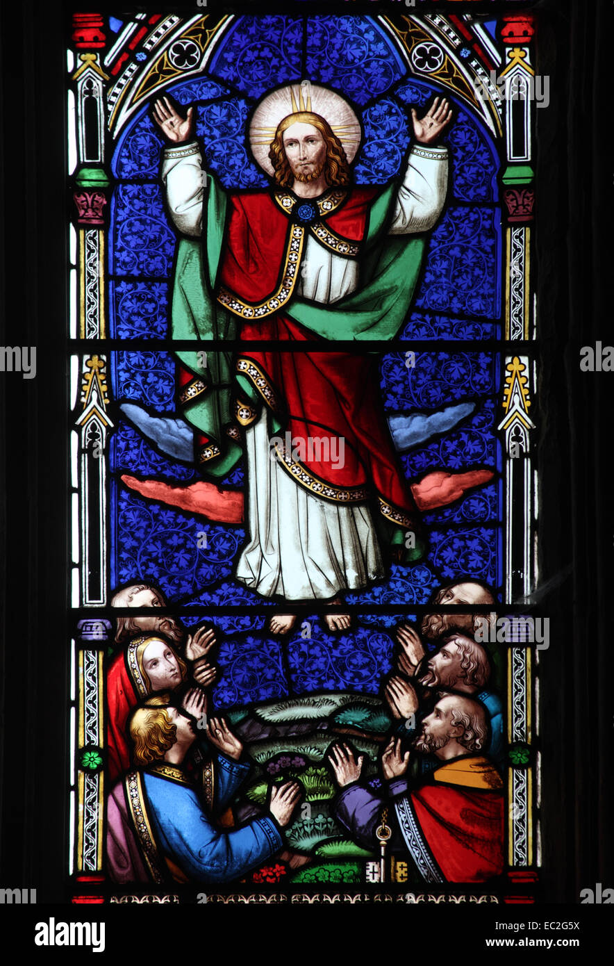 A stained glass window by William Wailes depicting The Ascension of Christ into Heaven, St Bartholomew Church, Richard's Castle, Stock Photo