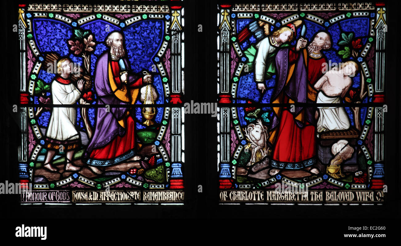 A stained glass window by William Wailes depicting Abraham and his son Isaac, St Bartholomew Church, Richard's Castle, Herefords Stock Photo