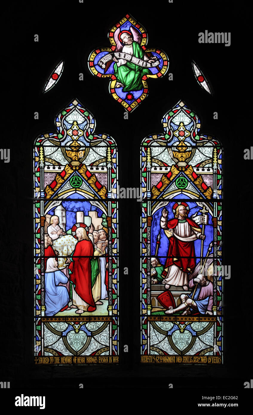 A stained glass window by William Wailes depicting Jesus healing and his resurrection, St Bartholomew Church, Richard's Castle, Stock Photo
