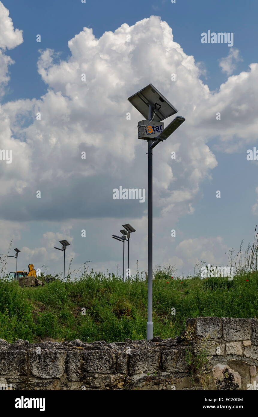 Autonomous solar lighting system in ancient Roman town peristyle complex Abritus, Bulgaria Stock Photo