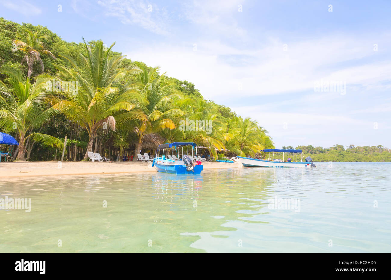 Boats at the Starfish beach, archipelago Bocas del Toro, Panama Stock