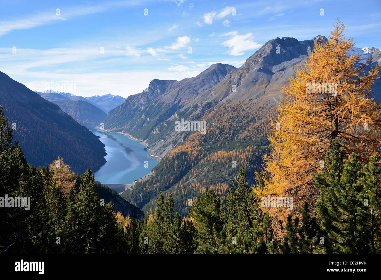 Lake Livigno seen from Alp la Schera, Swiss National Park, Lower Engadine, Canton of Grisons, Switzerland, Europe Stock Photo