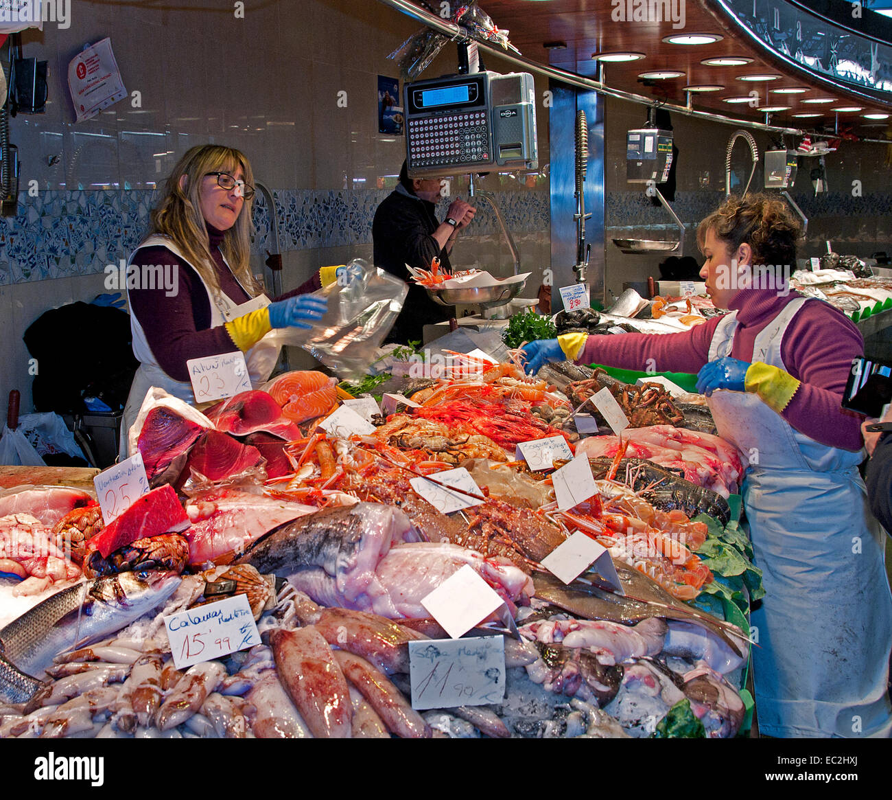 The Ramblas , The Mercat de Sant Josep de la Boquería , fish fishmonger, covered market, Barcelona Spain Stock Photo