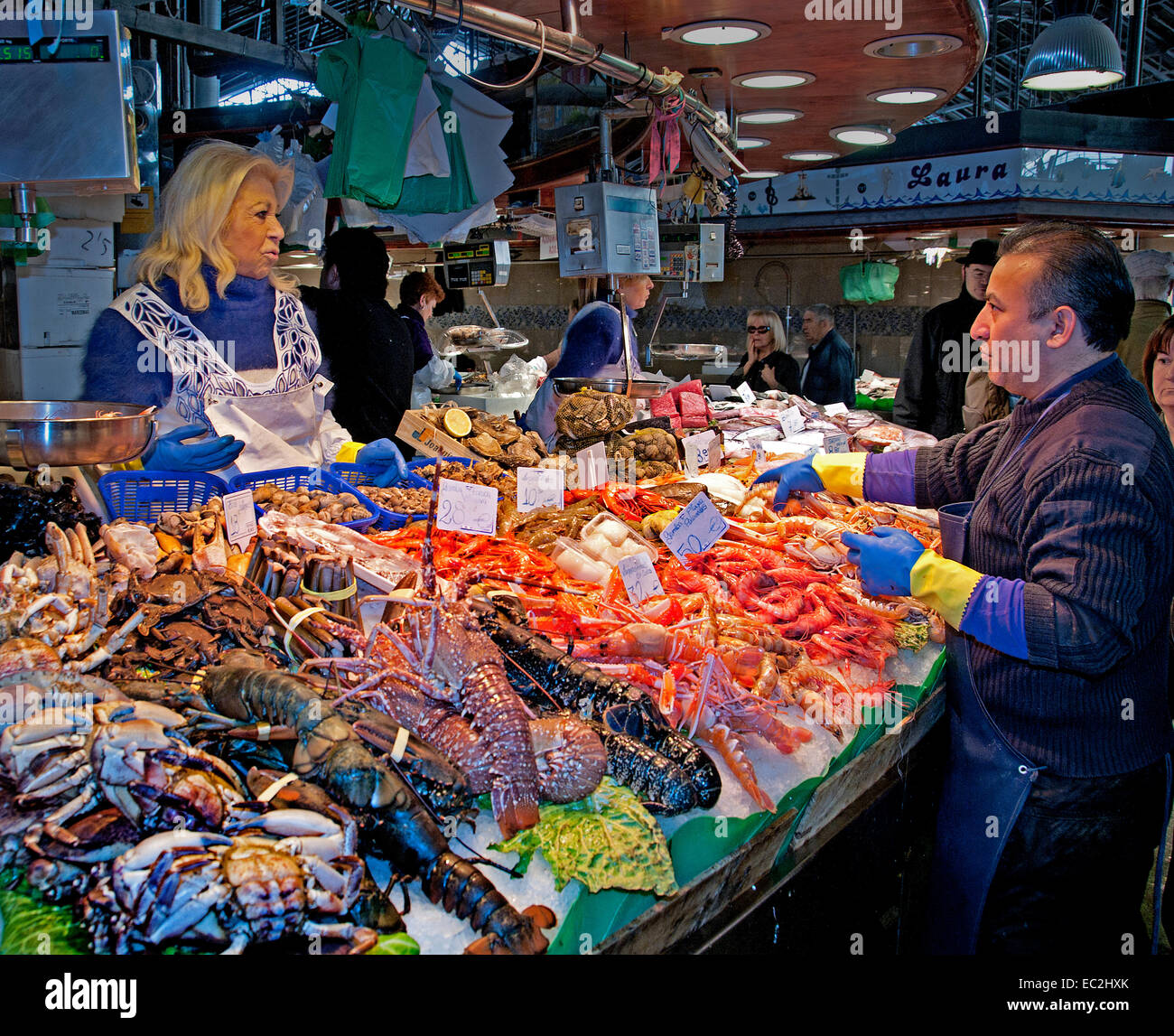 The Ramblas - The Mercat de Sant Josep de la Boquería  fish fishmonger covered market in Barcelona Spain Stock Photo
