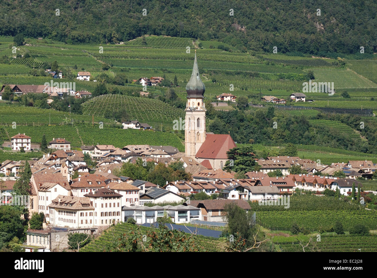 Gothic parish church of St. Paul in the vineyards along the South Tyrolean wine street near Bolzano. Stock Photo