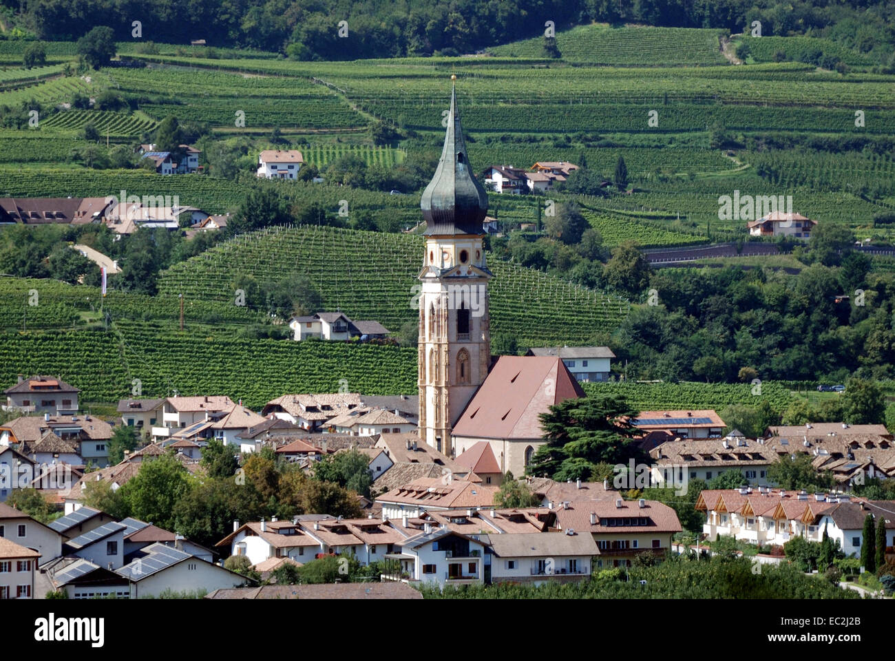 Gothic parish church of St. Paul in the vineyards along the South Tyrolean wine street near Bolzano. Stock Photo
