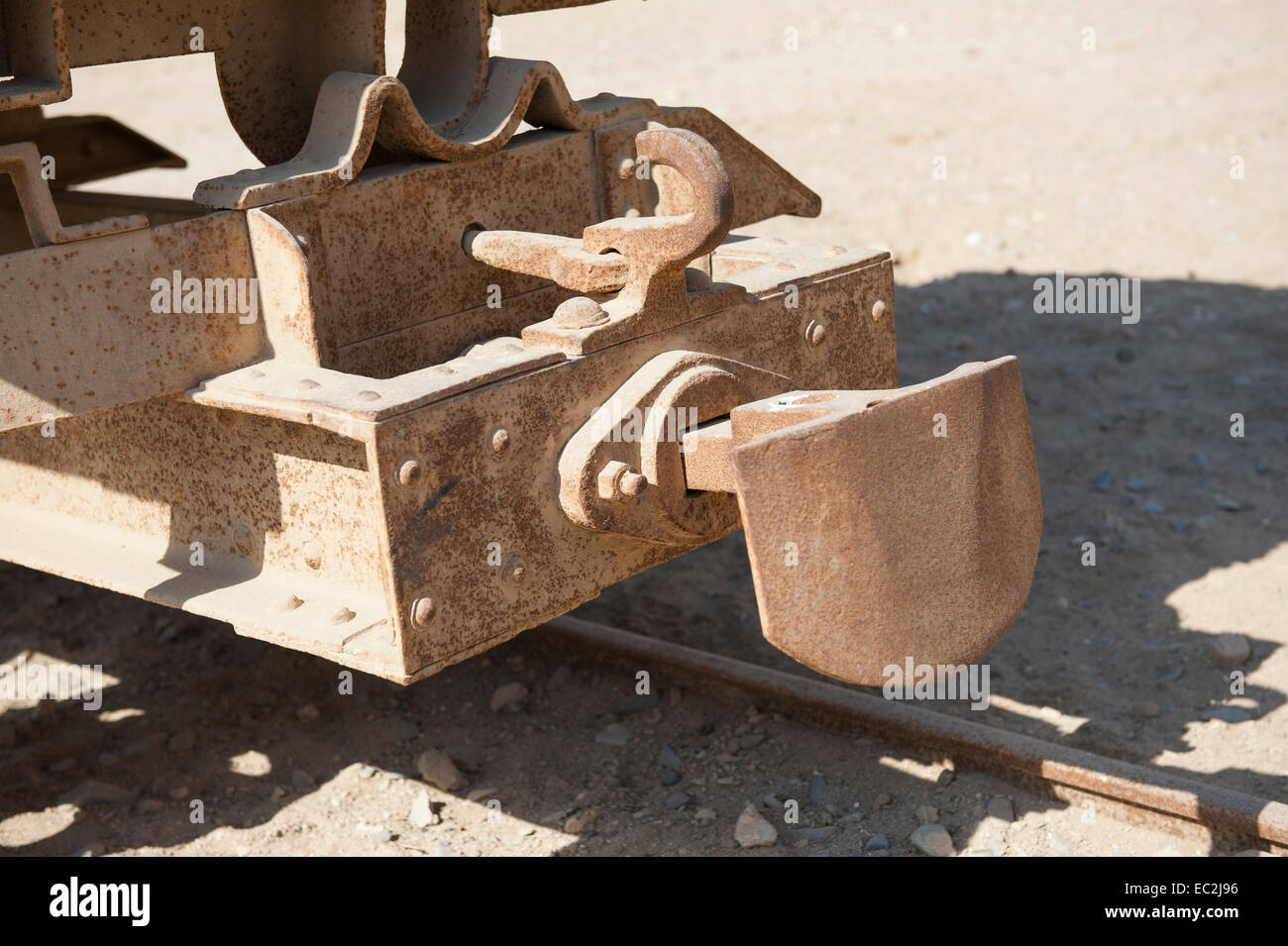Closeup detail of coupling mechanism on old vintage railway carriage Stock Photo