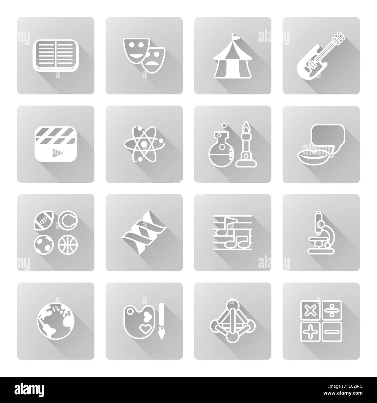 Education or quiz subject icons covering math, sports, music, science, history and lots more Stock Photo