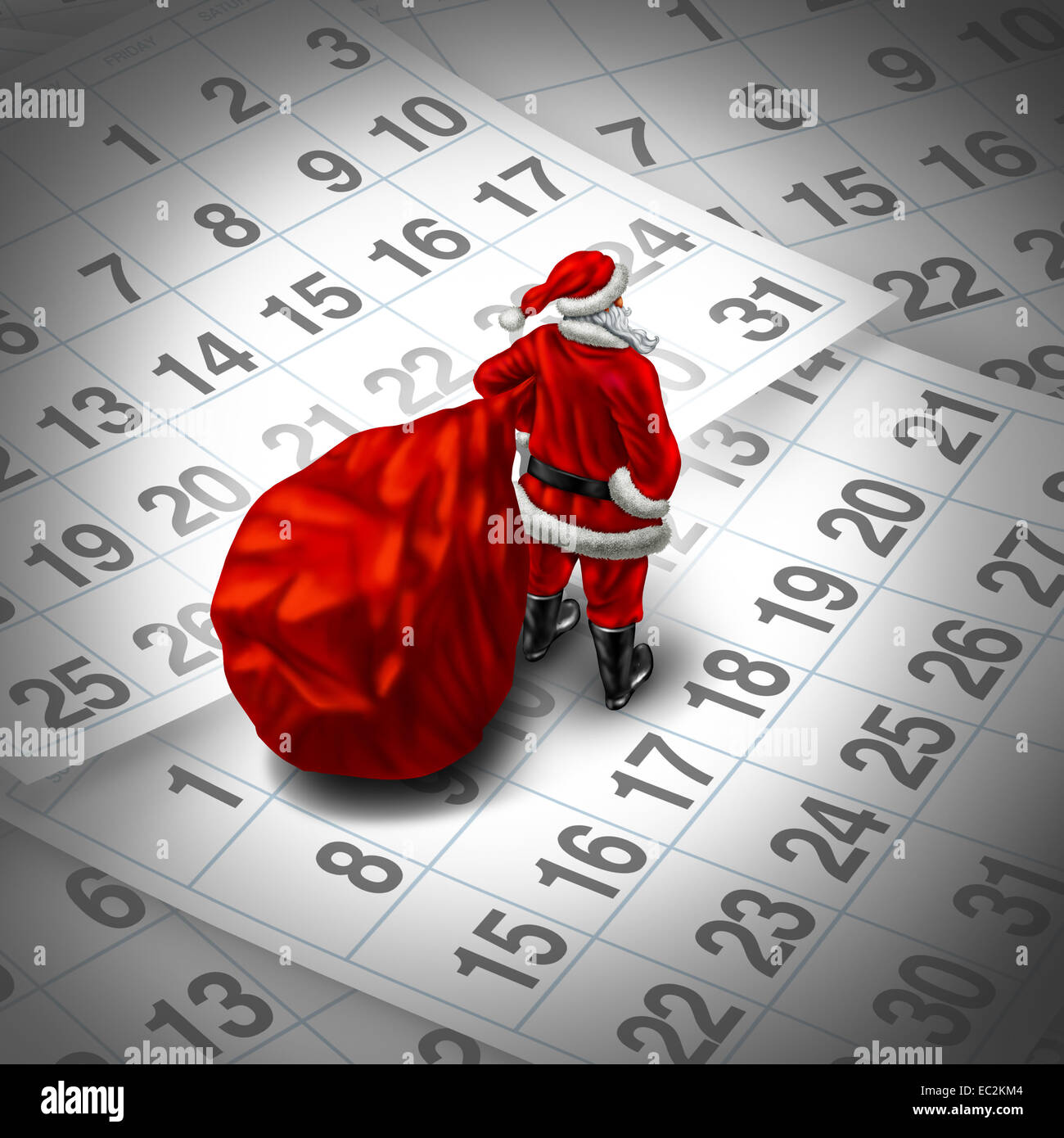 Christmas time holiday concept as santa clause with a gift bag standing on top of a group of month calendar sheets as a  winter Stock Photo