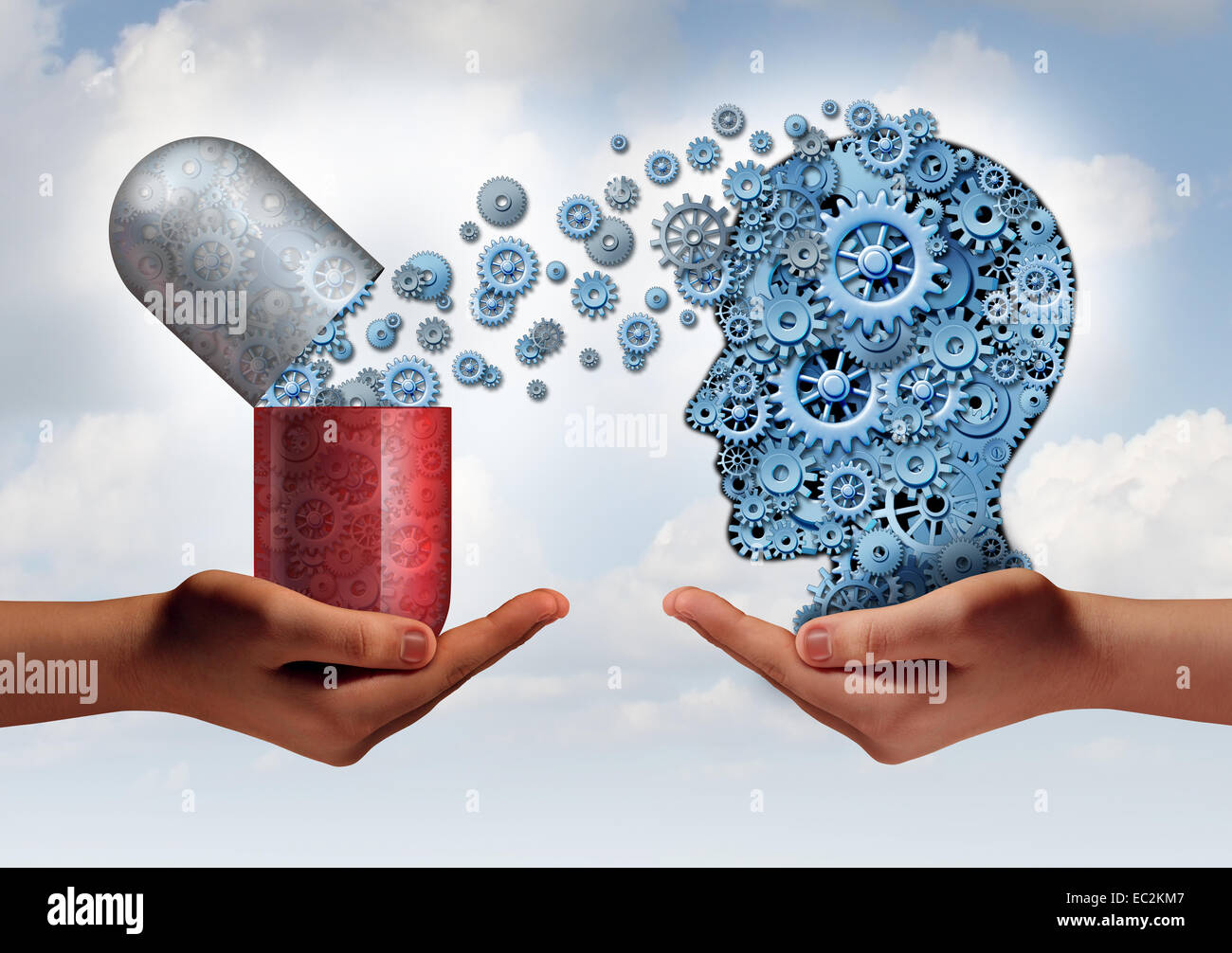 Brain medicine mental health care concept as hands holding an open pill capsule releasing gears to a human head made of machine Stock Photo