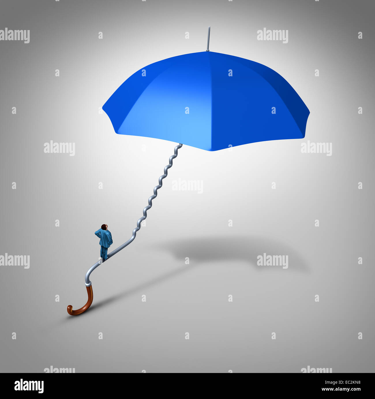 Career and job security path protection as an employee climbing a blue umbrella handle  shaped as a stairway path as a business Stock Photo