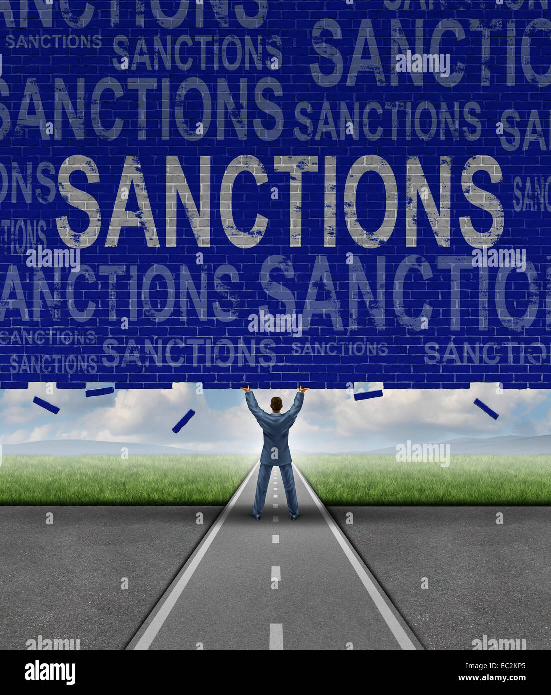 Lifting Sanctions as a global economic symbol for solutions to trade disputes as a man lifting a brick wall with words as a metaphor for diplomatic success in negotiating government agreements for easing financial pressure. Stock Photo