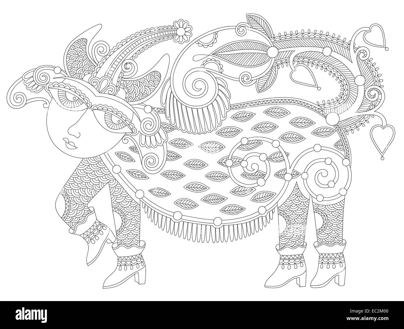 black and white unusual fantastic creature in decorative ukrainian karakoko style for coloring book for adults - relaxation, vec Stock Photo