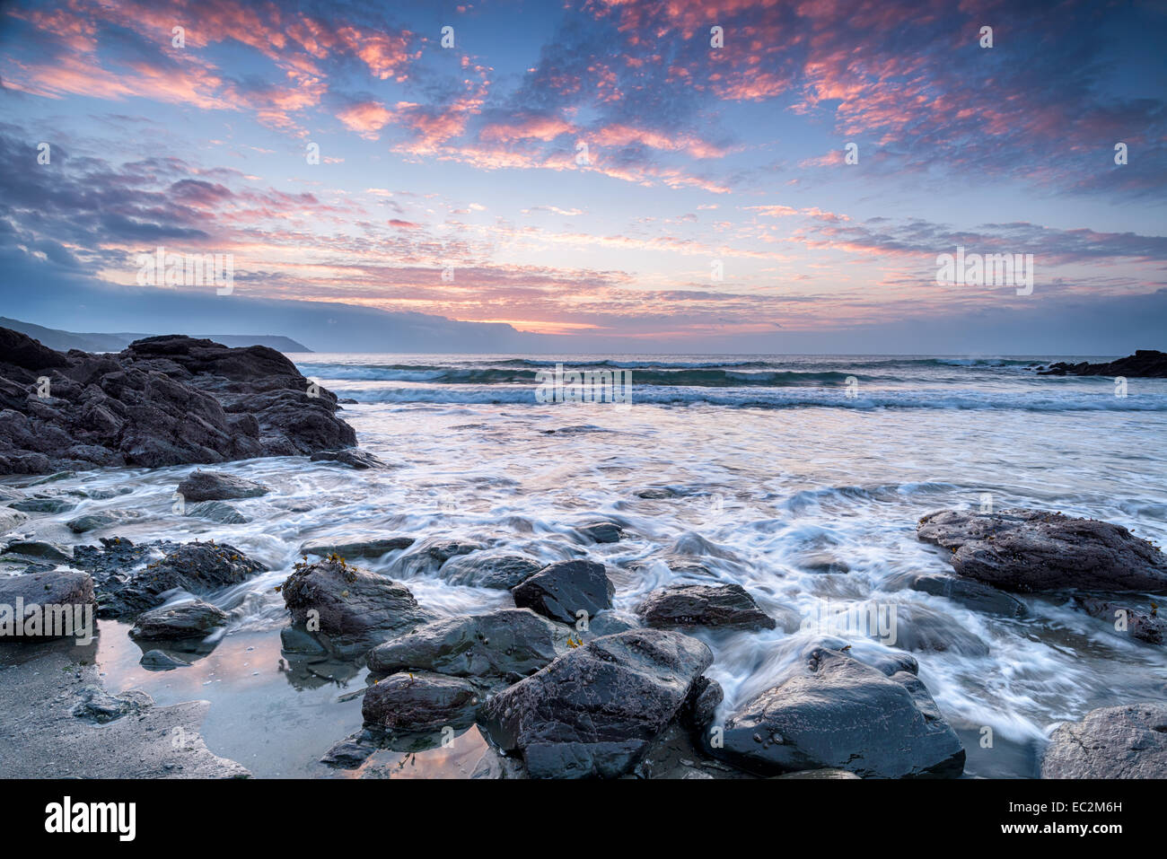 Beautiful sunrise at Portholland on the Cornwall coast Stock Photo