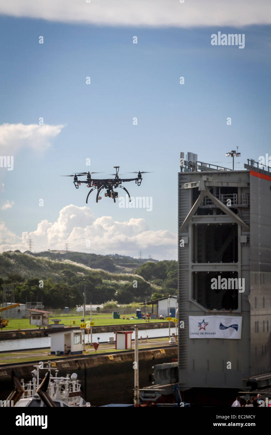 A drone films Pacific side locks being transported to their final location. Panama Canal expansion. Stock Photo