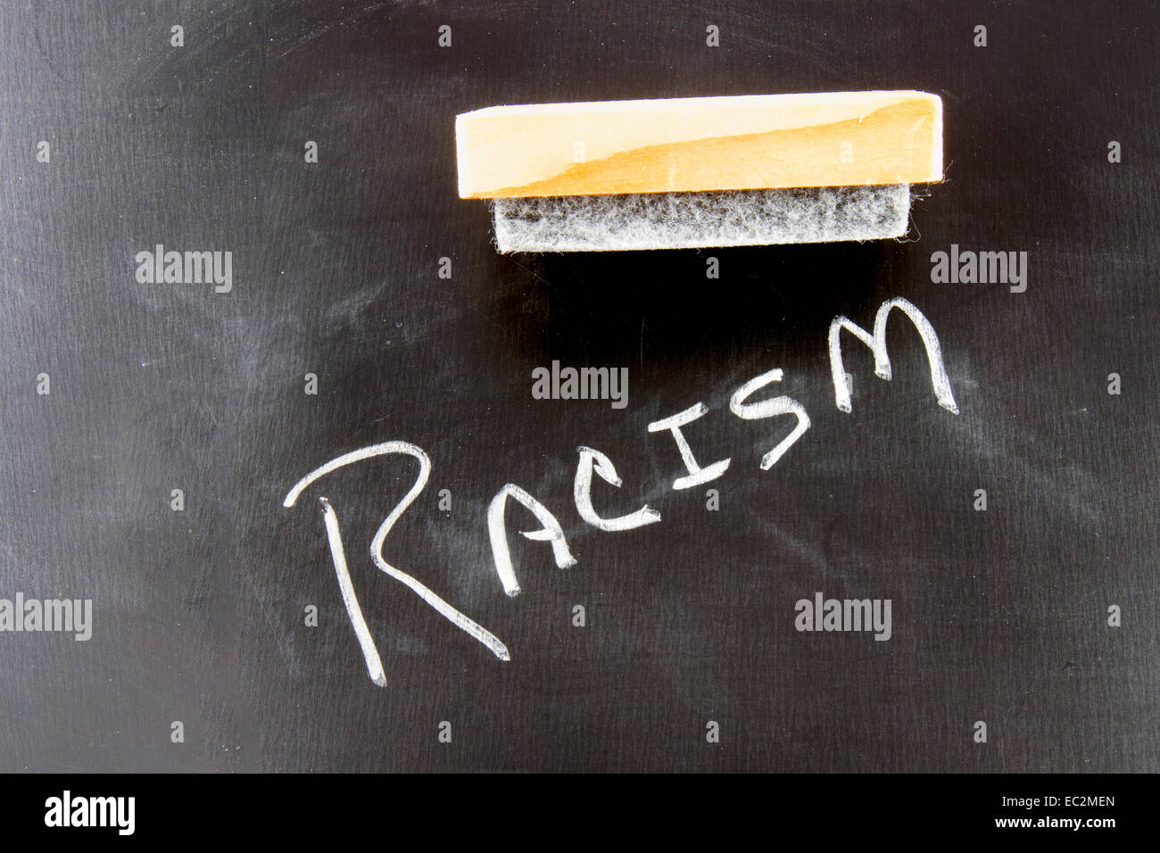 The word RACISM on a chalkboard with an eraser Stock Photo