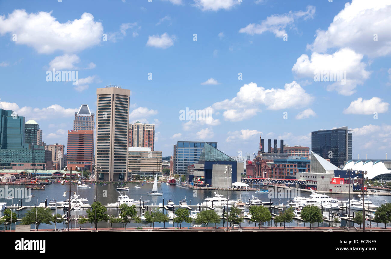 Skyline of Baltimore Inner Harbor in Maryland. Stock Photo