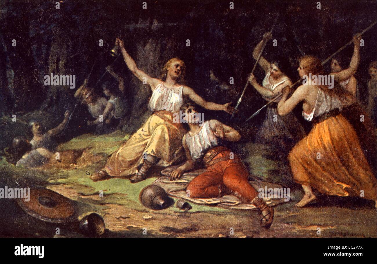 'The Maidens' War' is a tale in Bohemian tradition about an uprising of women against men. Sarka killed and slaughtering Ctirad Stock Photo