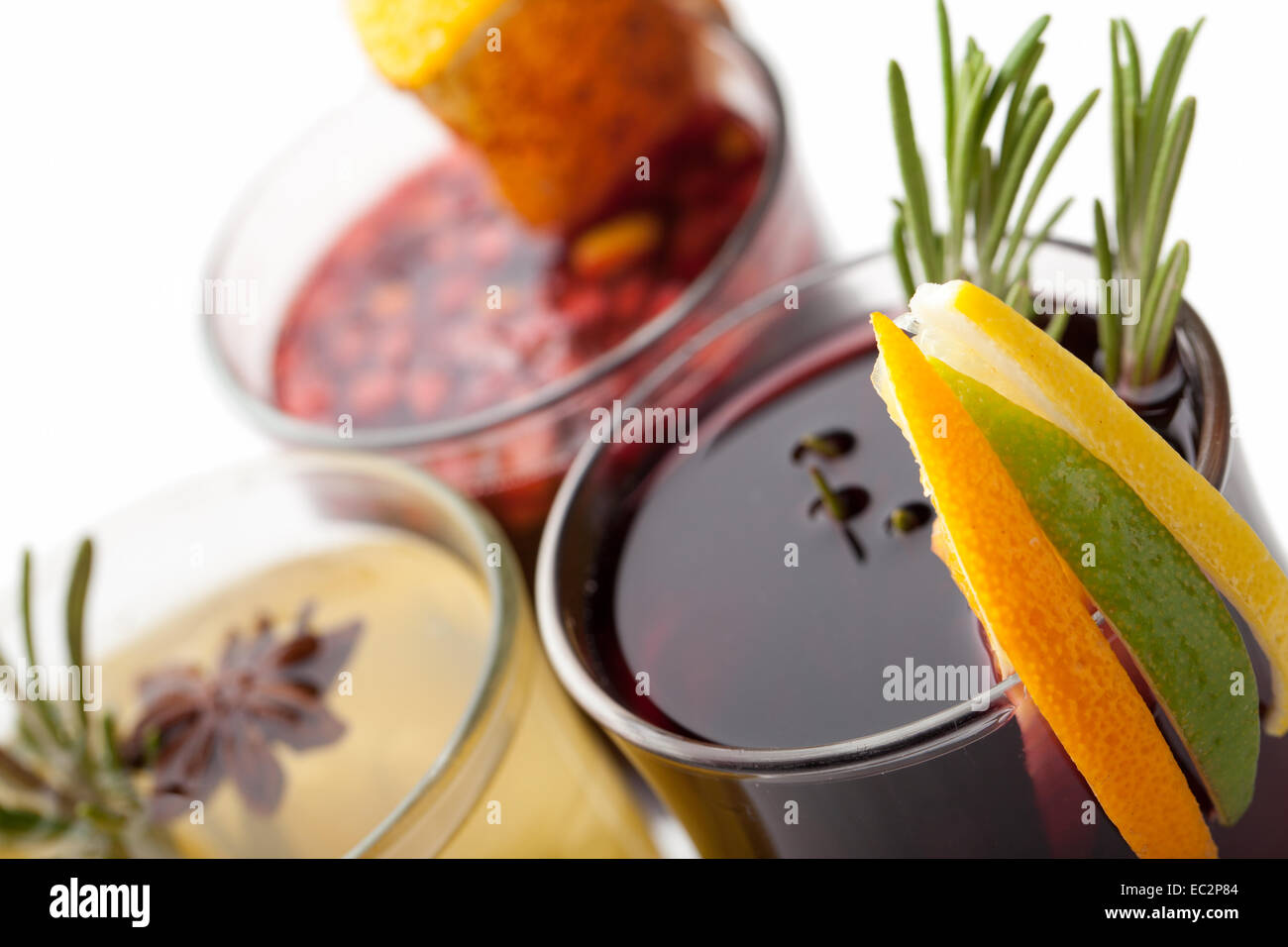 Variety of traditional winter sweet hot alcohol drinks mulled red wine
