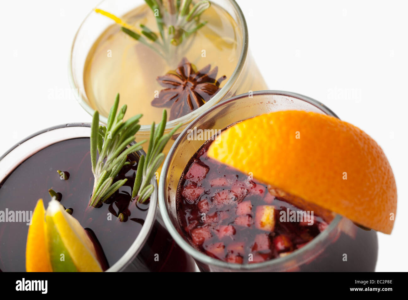 Variety of traditional winter sweet hot alcohol drinks mulled red wine
