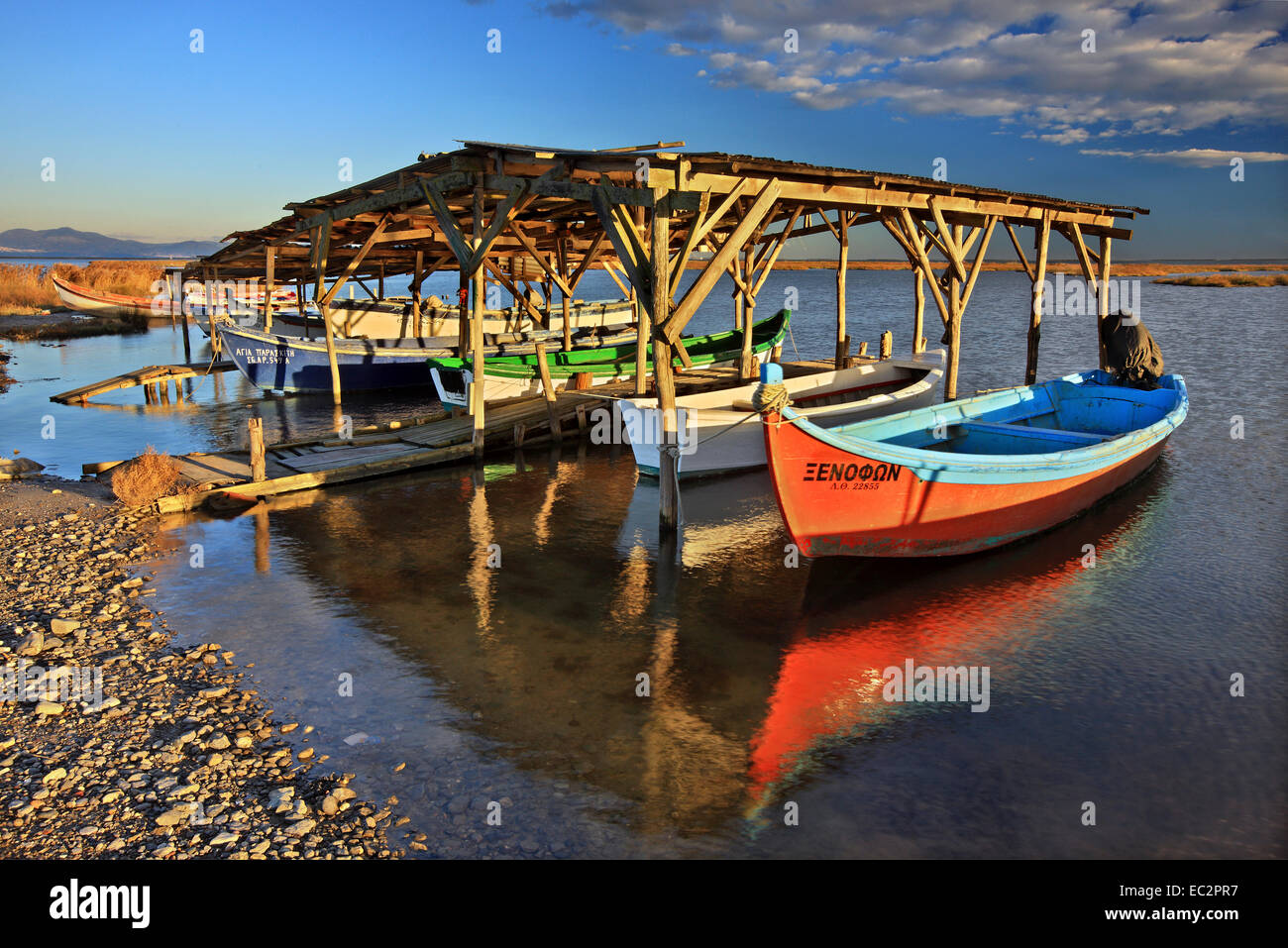 Fishing boats at the Delta of Aliakmonas river, Pieria - Imathia, Macedonia, Greece. Stock Photo