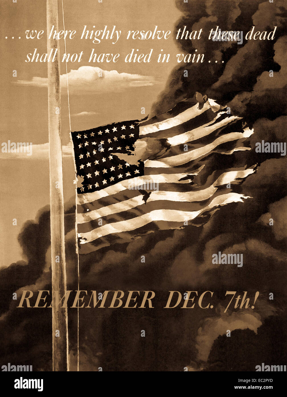 We here highly resolve that these dead shall not have died in vain...Remember Dec. 7th! 1942. Painting by Allen Saalberg. Stock Photo