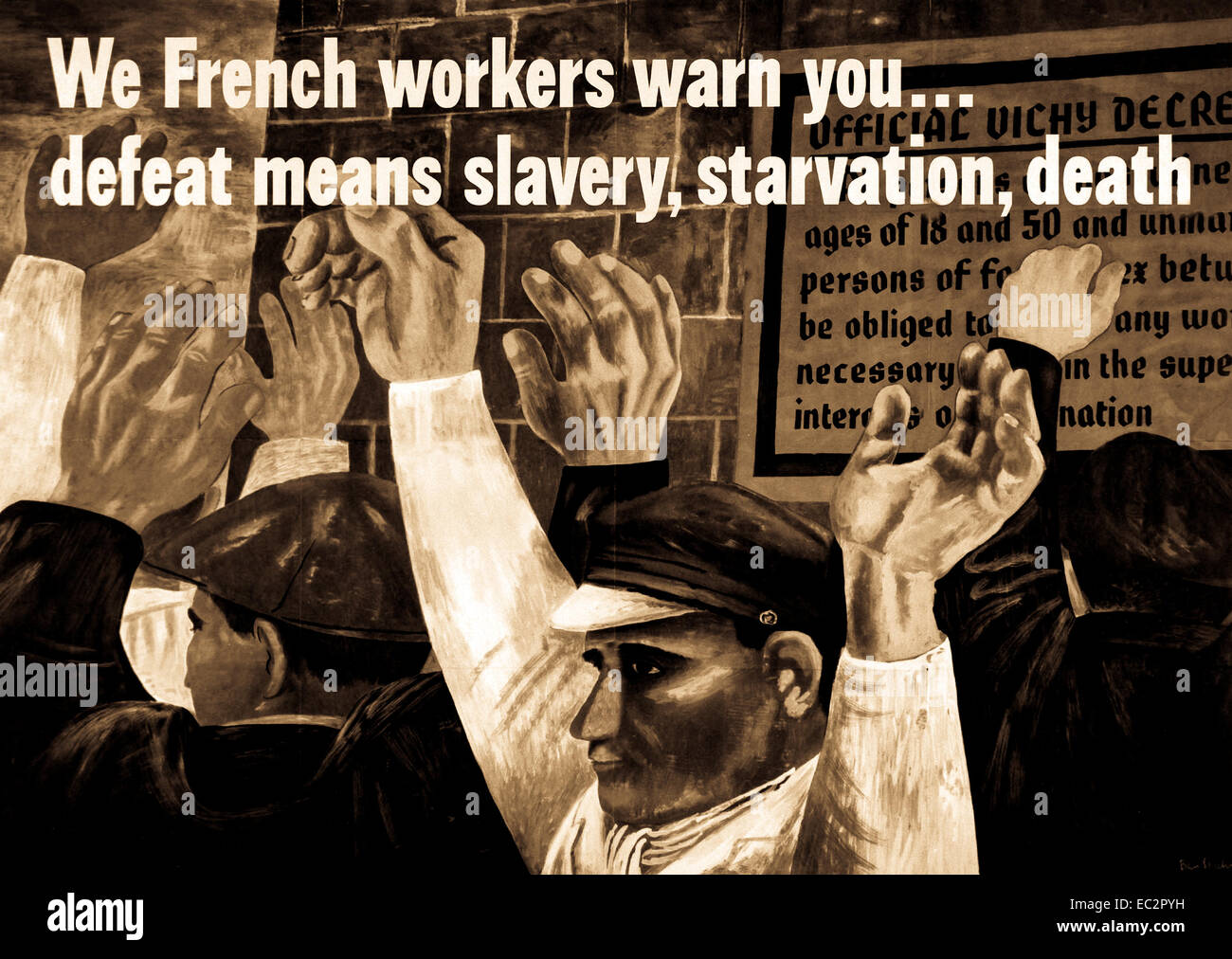 We French workers warn you...defeat means slavery, starvation, death.  1942. Painting by Ben Shahn.   (Office of Government Reports) Stock Photo