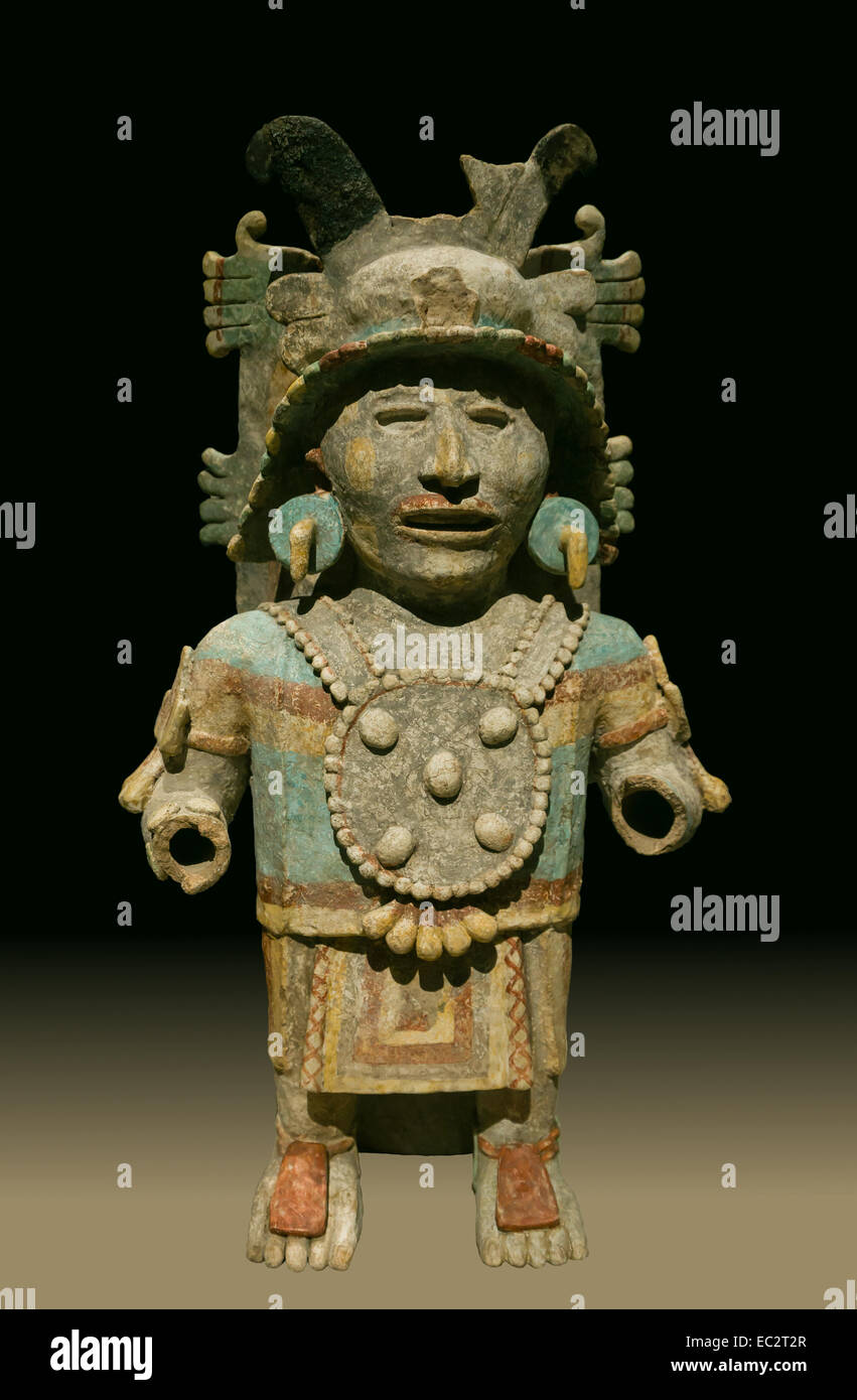 Maya anthropomorphic censer holder, Postclassic-recent (1250 - 1550 C.E.), ceramics. From museo Regional de antropologia of the Canton palace, Mérida, Yucatan, Mexico. On display in 'Maya' temporary exhibition in Musée du Quai Branly in Paris. Stock Photo