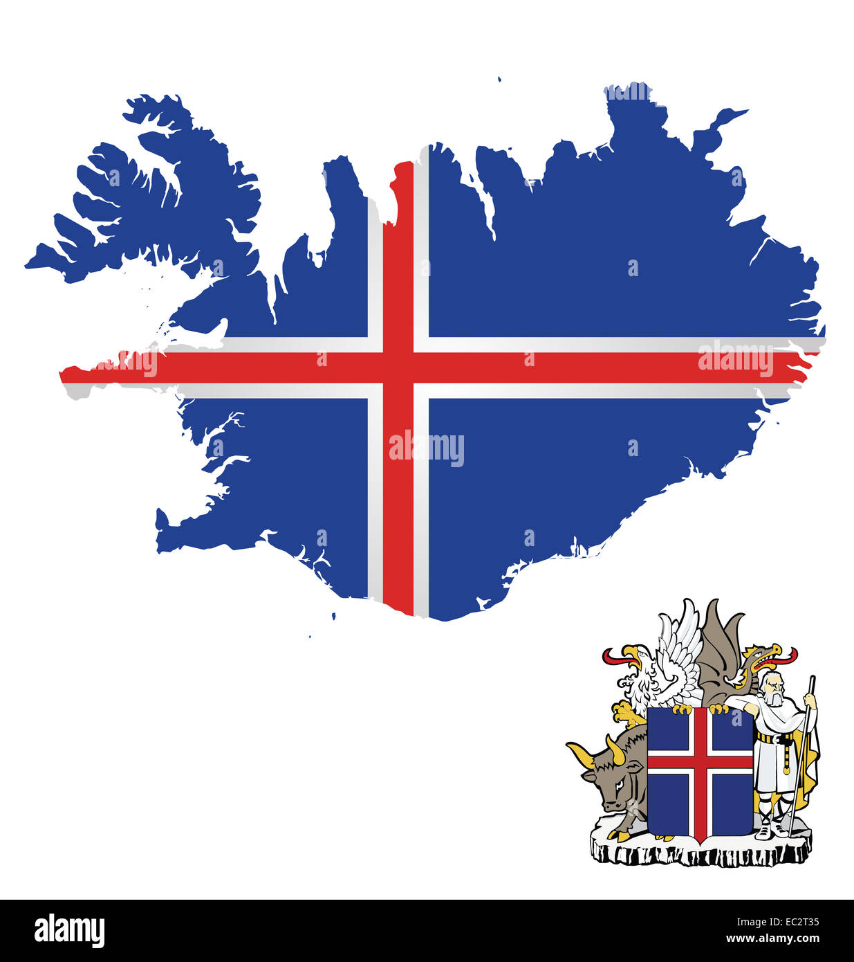 Flag and coat of arms of Iceland overlaid on outline map isolated on